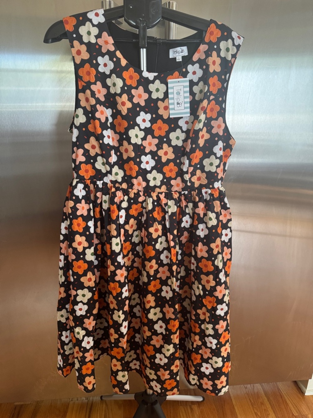 Black Floral Sleeveless women’s Dress with Orange and Cream Flowers